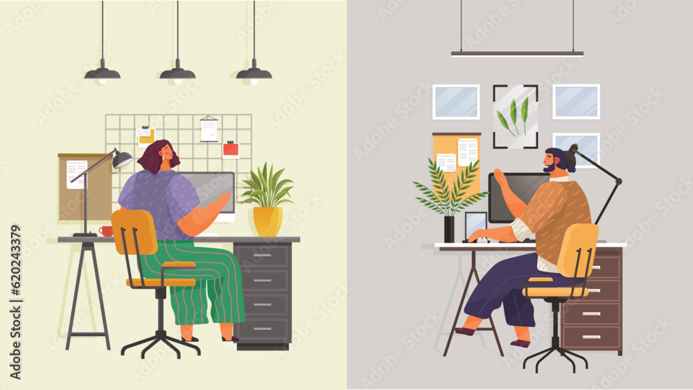 Work at home. Freelancer working on computer at house. Online study, education. Concept of remote work, freelancing, teaching, e-learning, from home office. Person sitting on chair at desk Work at home. Freelancer working on computer at house. Online study, education. Concept of remote work, freelancing, teaching, e-learning, from home office. Person sitting on chair at desk