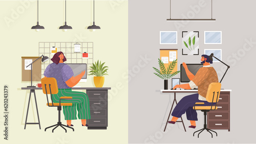 Work at home. Freelancer working on computer at house. Online study, education. Concept of remote work, freelancing, teaching, e-learning, from home office. Person sitting on chair at desk