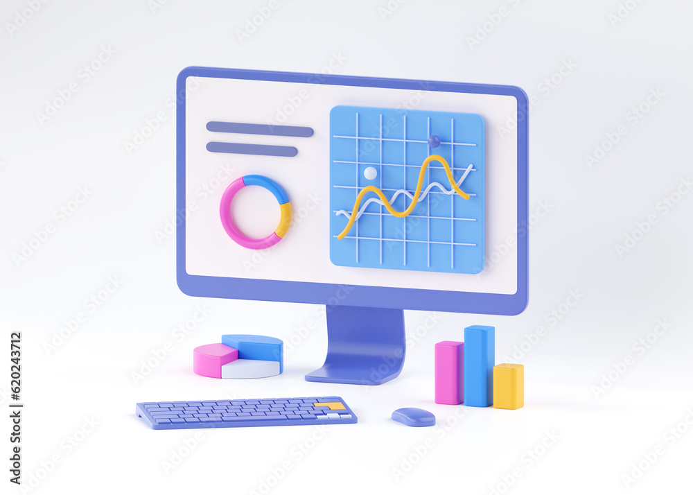 Seo 3d research render illustration - bussiness tool creative concept. Social media web infographic design