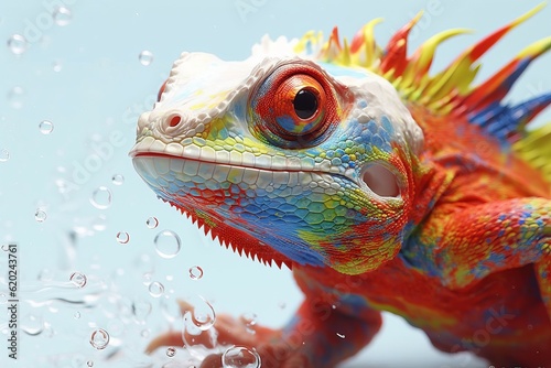 a colorful lizard on water with a few drops, in the style of detailed  white light crimson and sky-blue 3D  photo