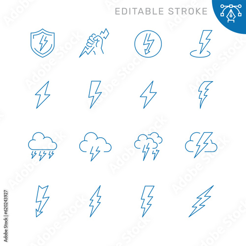 Vector line set of icons related with lightning. Contains monochrome icons like thunder, storm, bolt, arrow, cloud and more. Simple outline sign. Editable stroke.