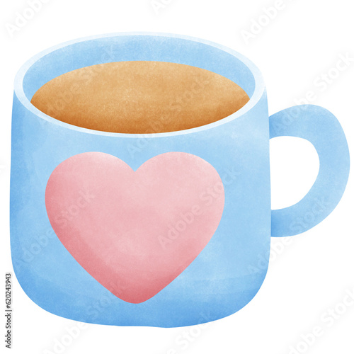 A Blue Cup of Coffee with White Heart and Coffee Art watercolor illustration isolated with background