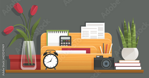Wooden shelf with decor items. Cartoon design style bookshelf with different interior things potted plant, box and books, alarm clock, vase and camera. Office or home furniture with decorations