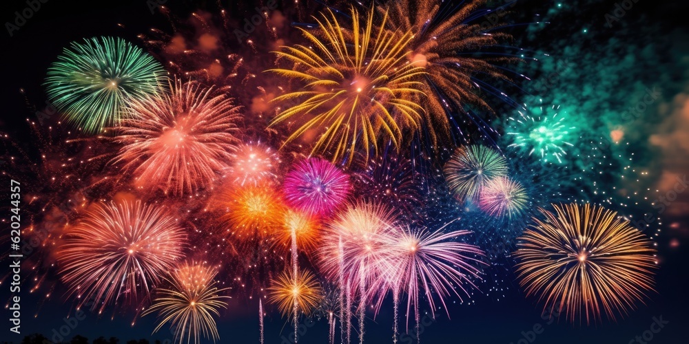 Abstract background celebration happy new year and merry Christmas Colorful firework on black background, generative ai Abstract background celebration happy new year and merry Christmas Colorful firework on black background, generative ai