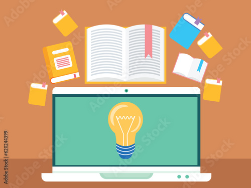 Concept of online learning. Computer with light bulb, open book and literature, self-study. Monitor screen with illuminating lightbulb and electronic library, get education, services to grow business