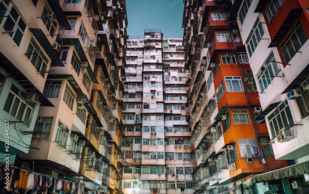 Naklejka premium Crowded housing, apartment buildings in Hong Kong, China, Generative AI
