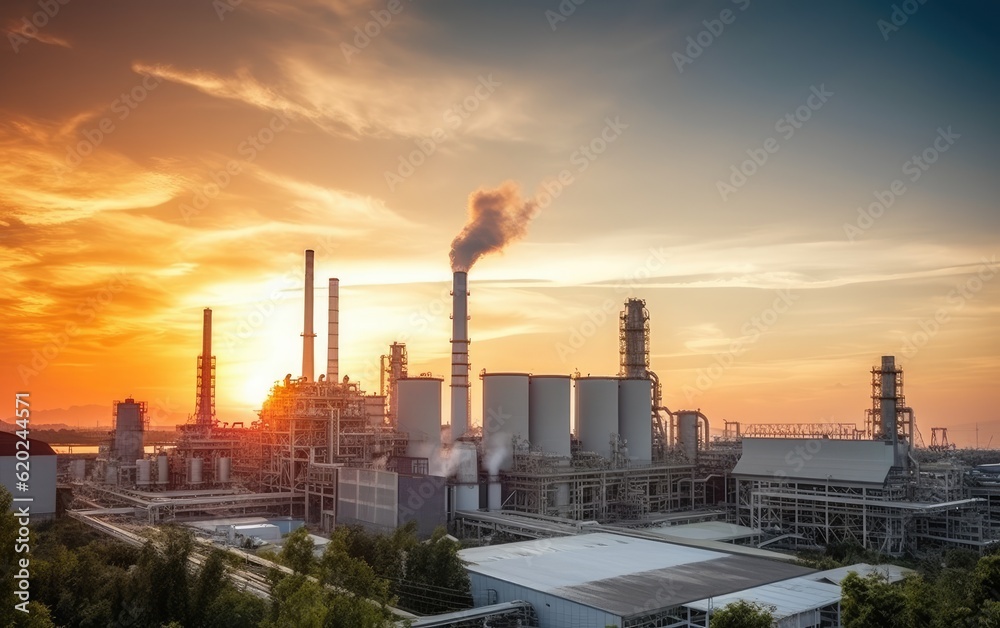 Glow light of petrochemical industry on sunset, Generative AI
