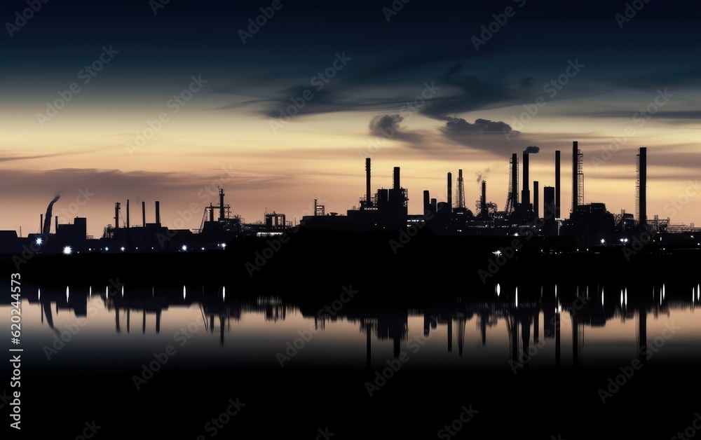 Fototapeta premium Petrochemical plant in silhouette at sunset,Glow light of petrochemical industry on sunset and Twilight sky ,Power plant,Energy power station area, Generative AI