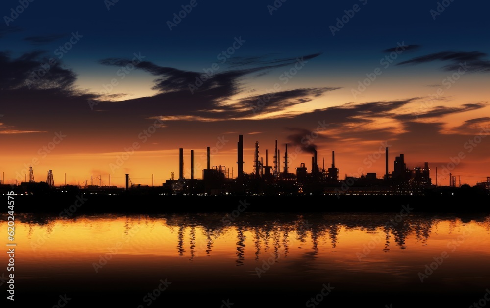 Petrochemical plant in silhouette at sunset,Glow light of petrochemical industry on sunset and Twilight sky ,Power plant,Energy power station area, Generative AI