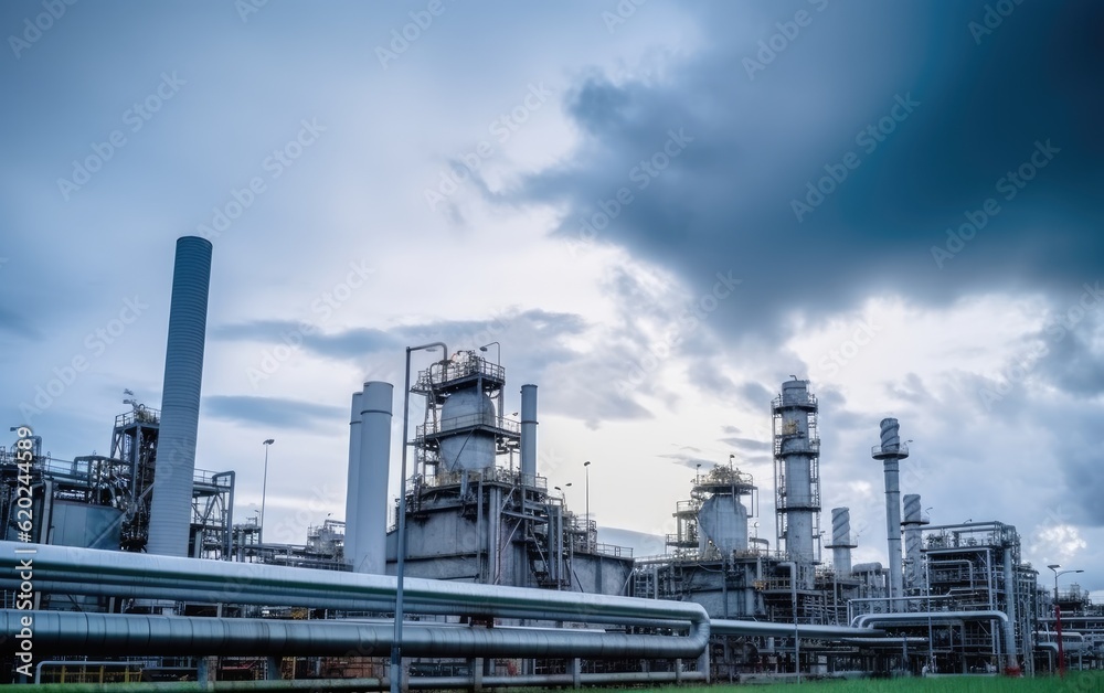 Industrial view at oil refinery plant form industry zone with cloudy sky, Generative AI