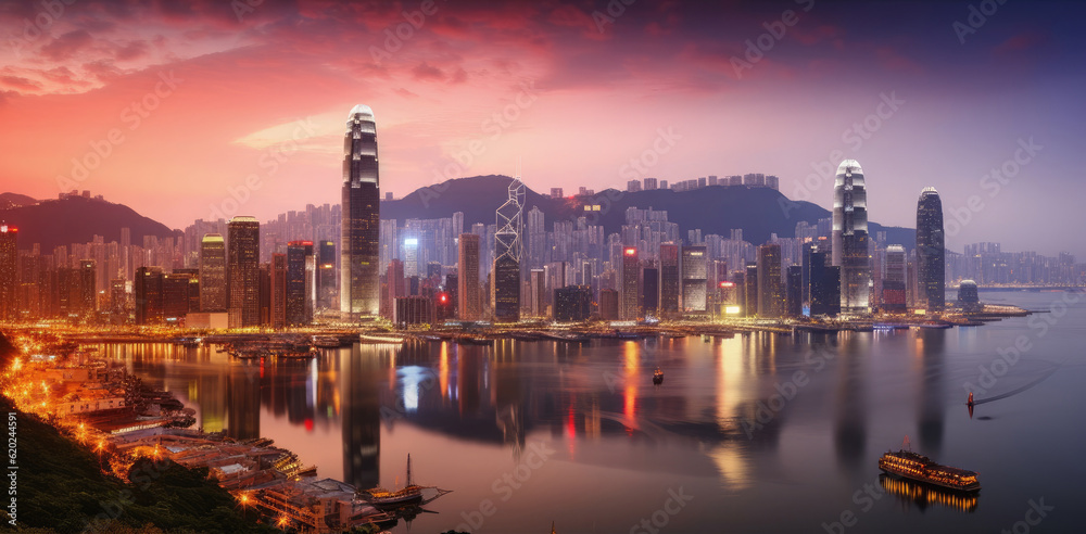 Beautiful scenery of Hong Kong Victoria Harbor at dusk vista overlooking across the glittering concrete city, Generative AI