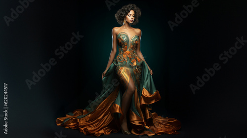 Model Frau in Fashion eleganten Abendkleid mit Schleppe präsentiert tanzend im Abendlicht, ai generativ
