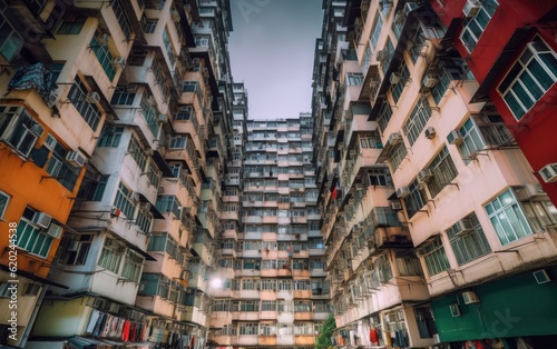 Crowded housing, apartment buildings in Hong Kong, China, Generative AI