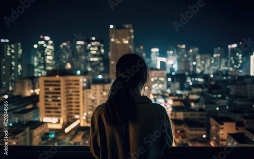 Rear view of woman looking at city at night, Generative AI