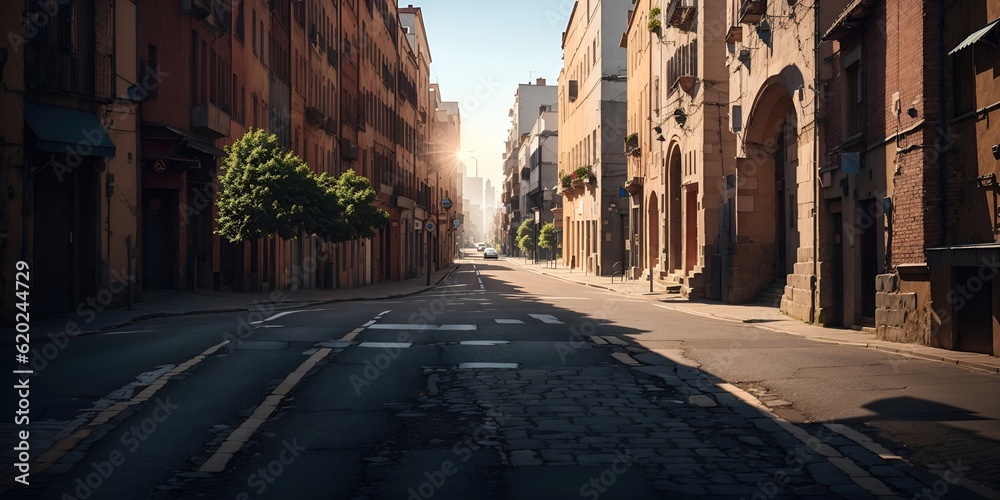 City streets with skyscrapers, people and cars.