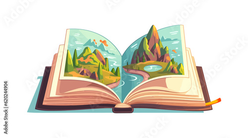Open book with leaves,  flat cartoon isolated on white background. Vector illustration 