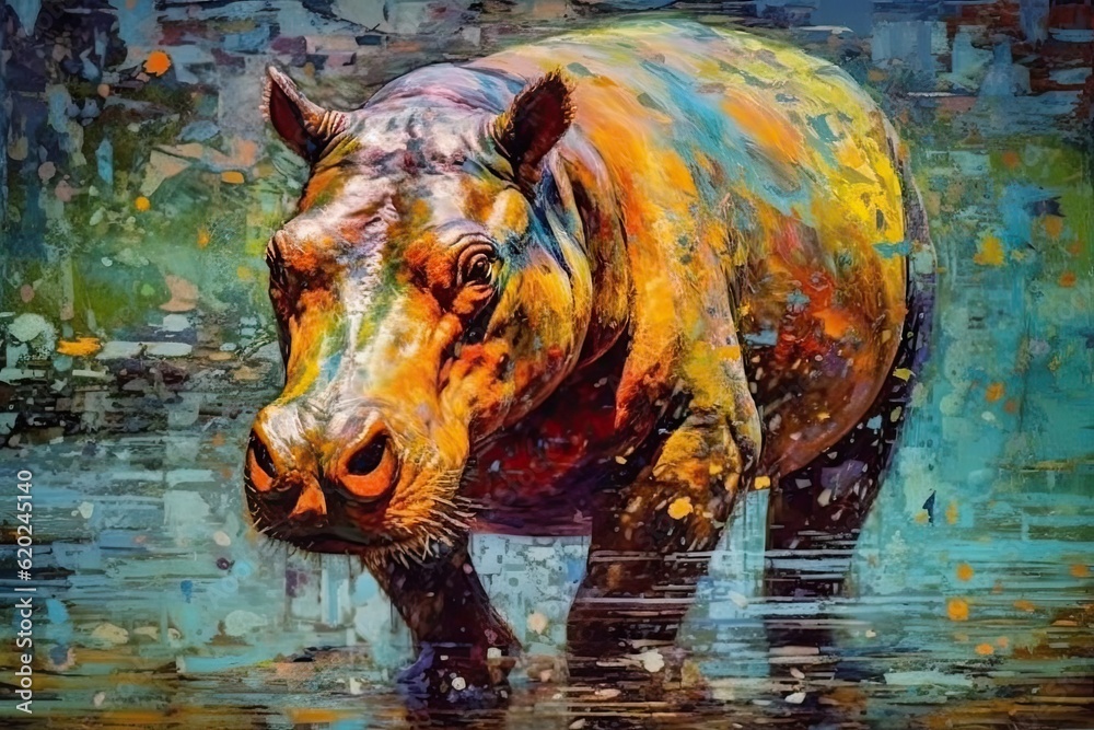 Fototapeta premium hippo form and spirit through an abstract lens. dynamic and expressive hippo print by using bold brushstrokes, splatters, and drips of paint. hippo raw power and untamed energy