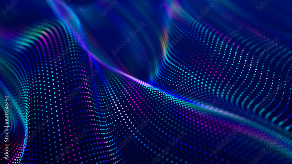 Futuristic dots pattern on dark background. Colored music wave. Big data. Technology or Science Banner. 3D rendering Futuristic dots pattern on dark background. Colored music wave. Big data. Technology or Science Banner. 3D rendering
