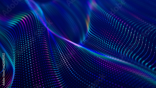 Futuristic dots pattern on dark background. Colored music wave. Big data. Technology or Science Banner. 3D rendering