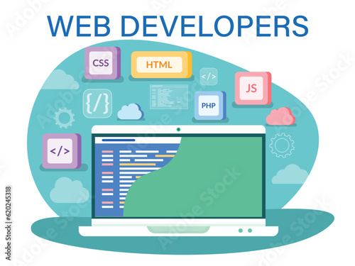 Software website developer with computer, programmer service, open source general purpose programming language. PHP and HTML development concept. Scripting web applications allows to create programs