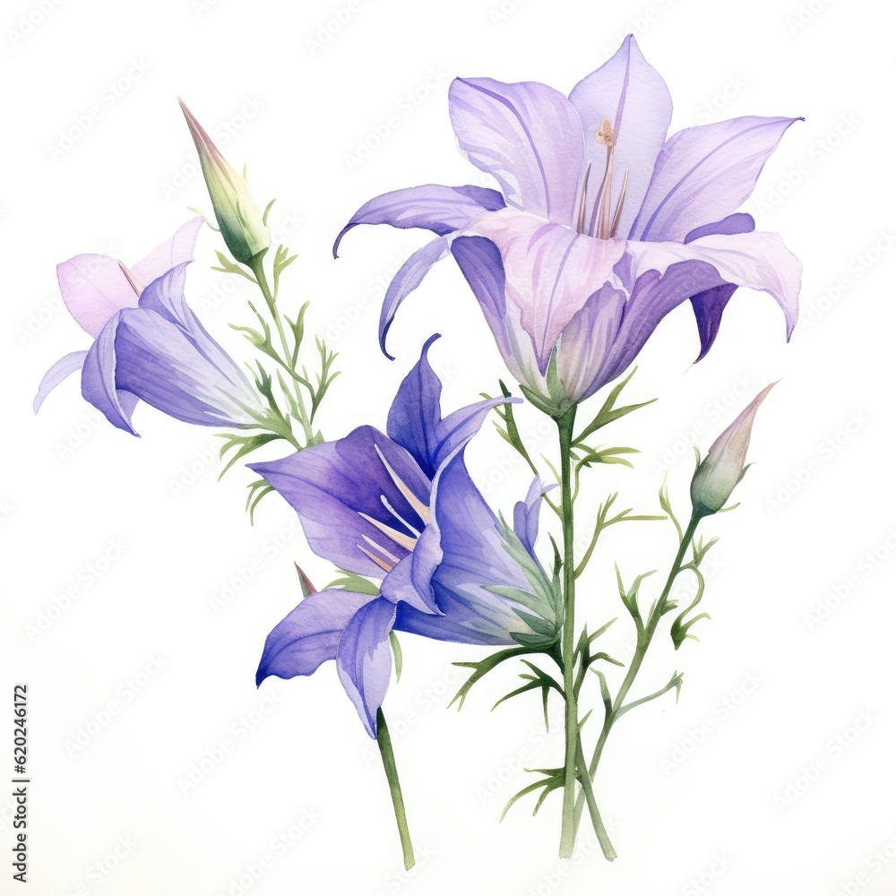 Colorful watercolor bells flowers on a white background. Generative AI