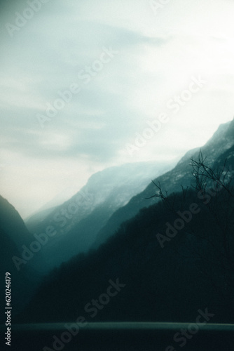 mountains in the fog