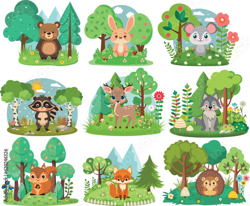 Cute forest animals. Illustrations of animals with trees and flowers. Wild animals in the forest. Isolated on white background.