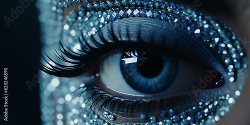 Top Iris Makro mit blauen Auge und Strass Steinen am Augenlid geschmückt Nahaufnahme, ai generativ