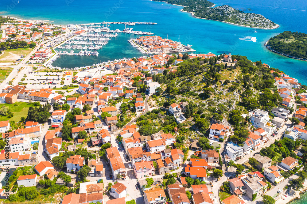 Panoramic view of old town of Tribunj and island archipelago in Dalmatia, Croatia