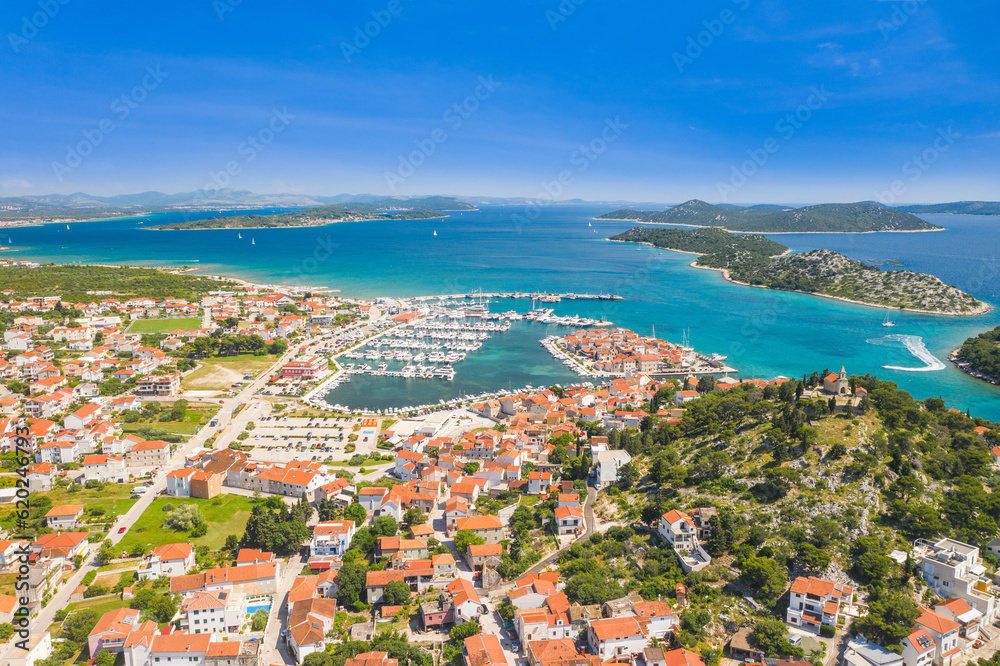 Panoramic view of old town of Tribunj and island archipelago in Dalmatia, Croatia