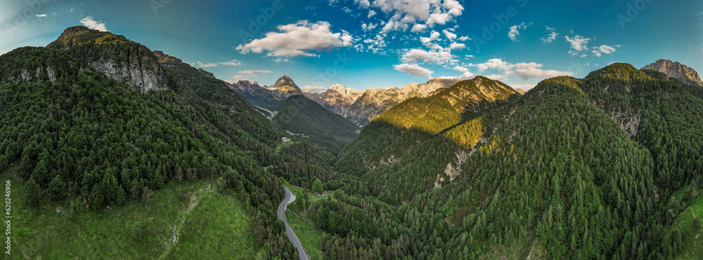 Alpine landscape with green forest in Predil Pass, Italy and Slovenia. Aerial drone view