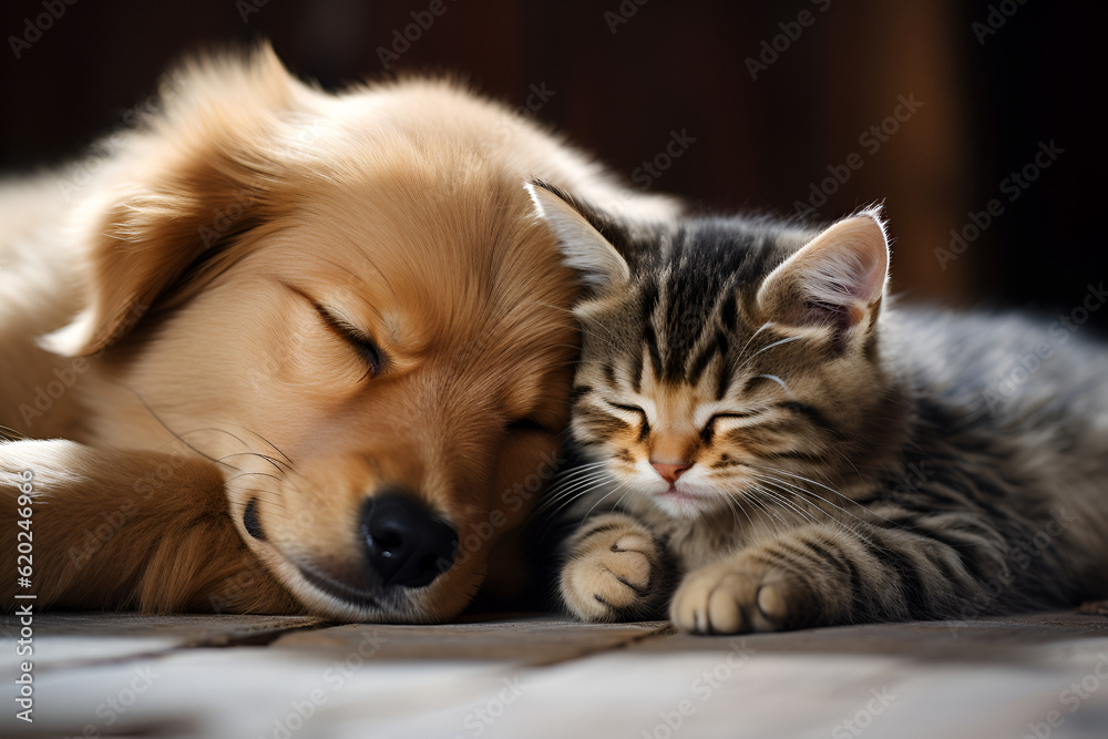 sleeping kitten and puppy