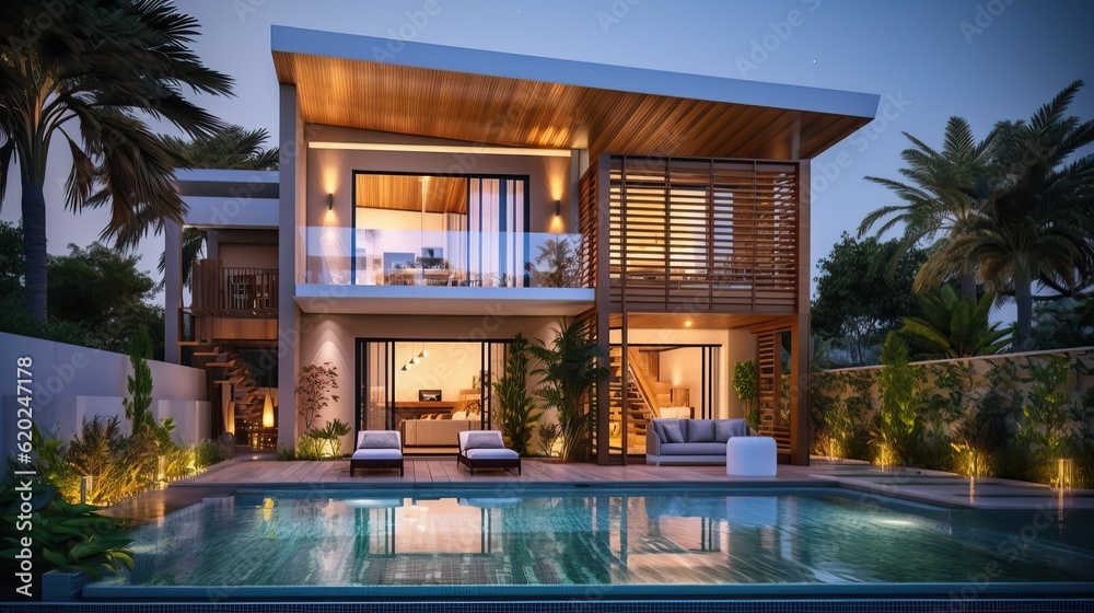Real estate luxury exterior design pool villa (Ai generated)