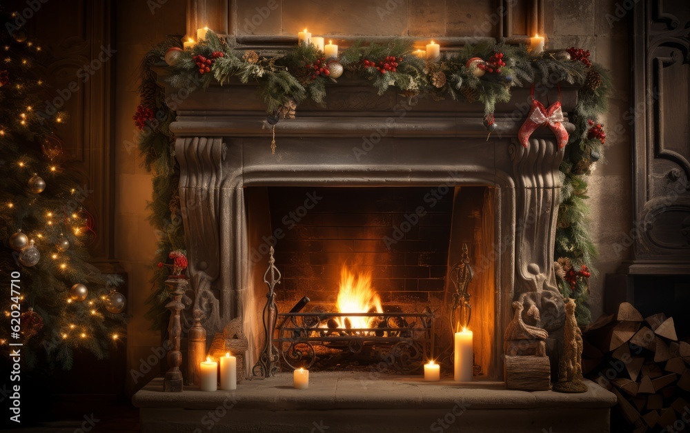 fireplace with Christmas decorations