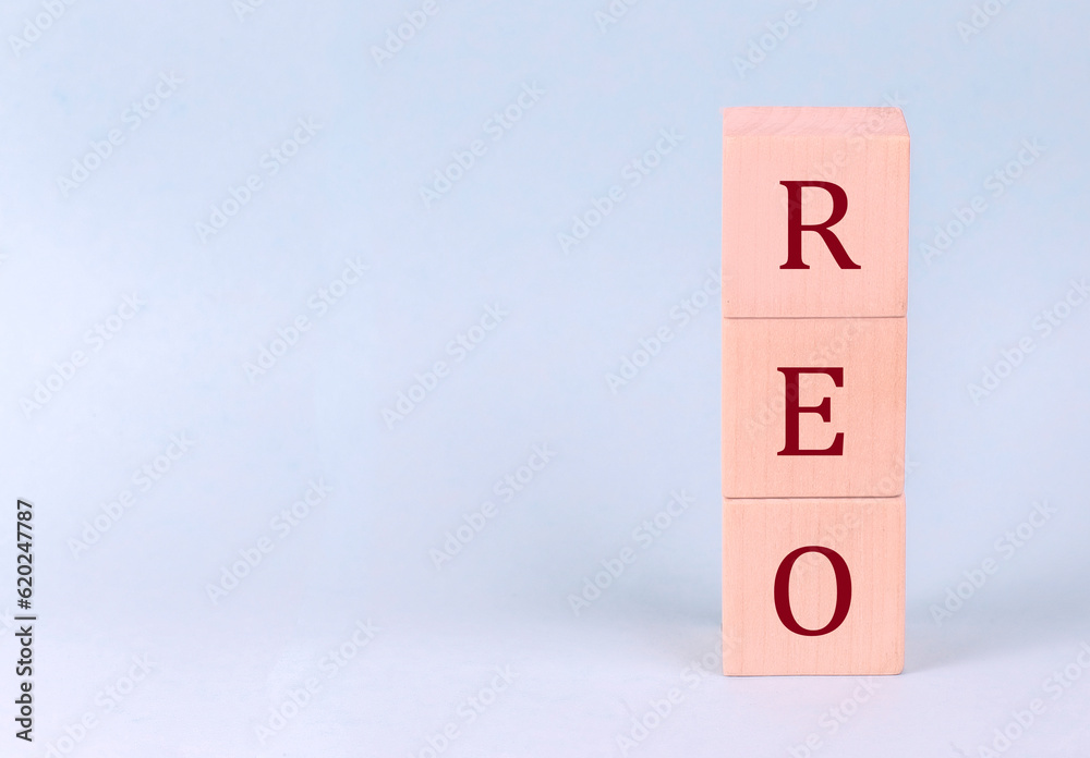 REO on wooden cubes on a blue background REO on wooden cubes on a blue background