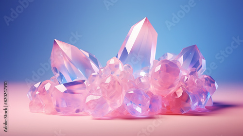 Crystal background, three-dimensional quartz gem stone growing cluster isolated on colourful background. Ai generative 3D rock crystal illustration