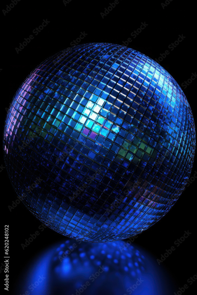 Obraz premium blue mirrored, glowing disco ball on a black background. night party or holiday. generative ai, ai, generative