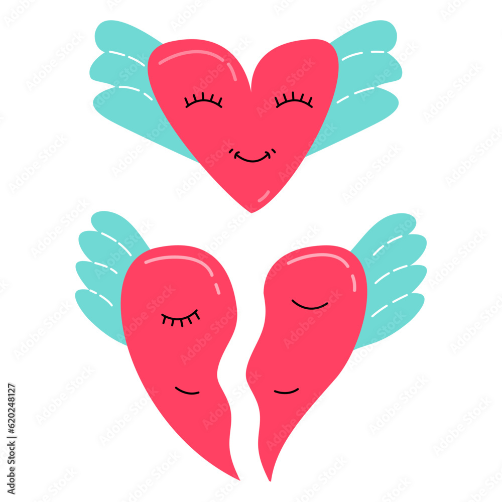 Heart assembled from two halves.Halves of the heart.Isolated on white background.Vector flat illustration.Pink heart with wings.Valentines Day.Pop art style. Hand drawn winged heart .