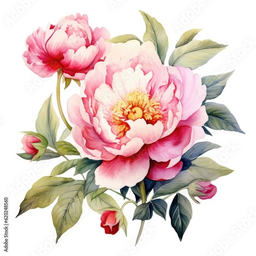 Colorful watercolor peony flowers illustration on a white background. Generative AI
