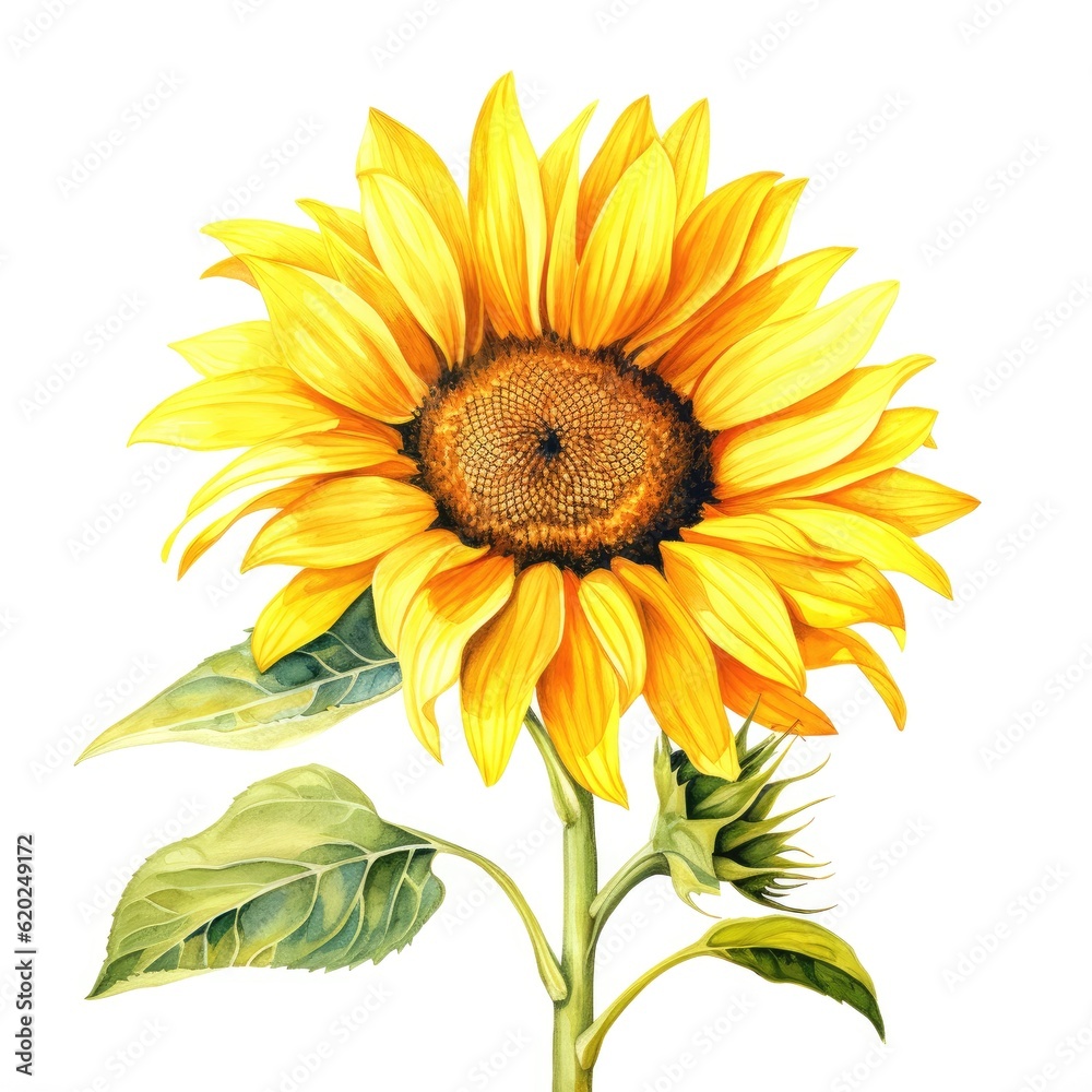 Fototapeta premium Colorful watercolor sunflower illustration on a white background. Generative AI