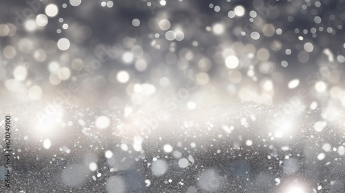 Christmas background with snowflakes and bokeh glitter effect with room for copy. AI generative art.