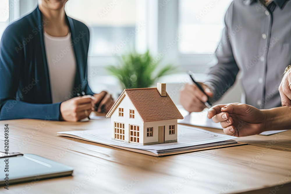Concept of home loan and buying own property. Happy clients man and woman signing mortgage agreement for new home with real estate agent or realtor. Generative AI - obrazy, fototapety, plakaty 
