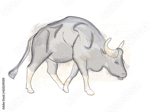 A bull walking vector watercolor exotic Gaur animal