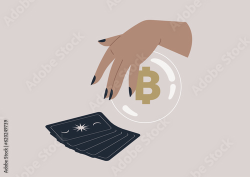 A funny way to predict investment risks and opportunities, a psychic reading the deck of tarot cards, a magic ball showing the future of Bitcoin