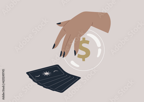 A funny way to predict investment risks and opportunities, a psychic reading the deck of tarot cards, a magic ball showing the future of Dollar