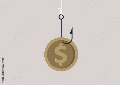 A dollar coin on a hook, a financial market fraud, white collar crime