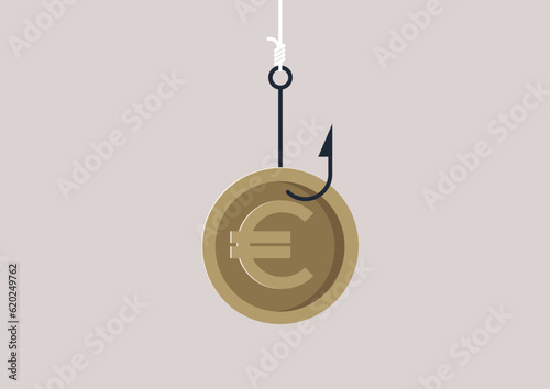 A euro coin on a hook, a financial market fraud, white collar crime