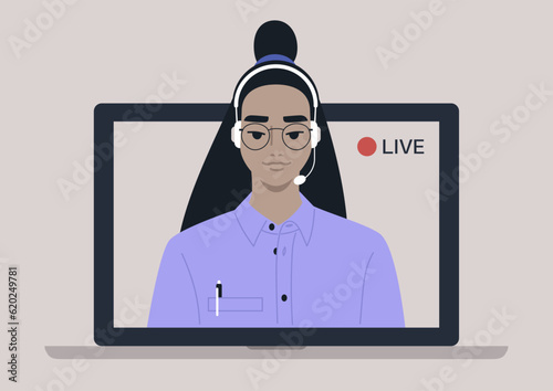 Live streaming event, Young female Asian blogger holding a live streaming online event, a website interface
