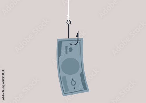 A paper banknote hanging on a hook, online scam, phishing activity