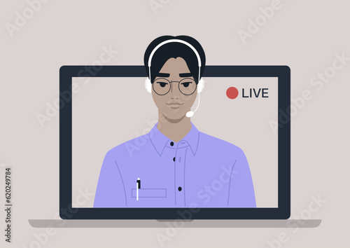 Live streaming event, Young male Asian blogger holding a live streaming online event, a website interface